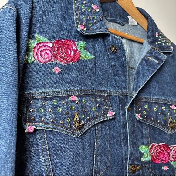 Vintage East West 80s 90s Sequin Floral Embellished Cotton Denim Jacket Sz L - Picture 7 of 10
